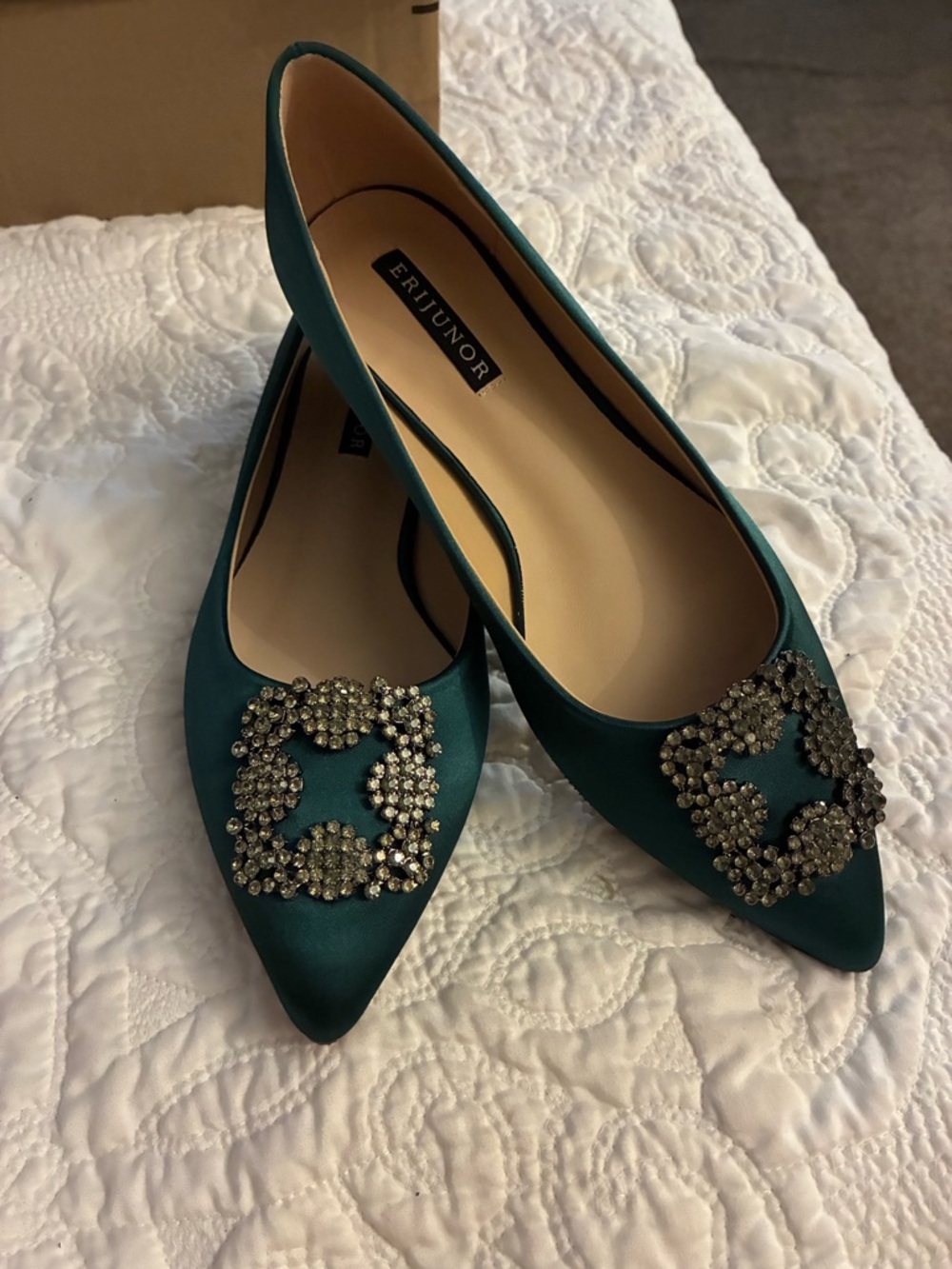 Emerald green Satin Pointed-Toe Flats with Crystal Buckle